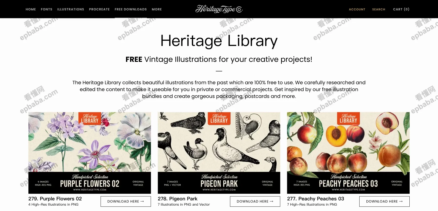 Heritage Library：279个高质量、可免费商用的水彩风复古插画平铺素材！