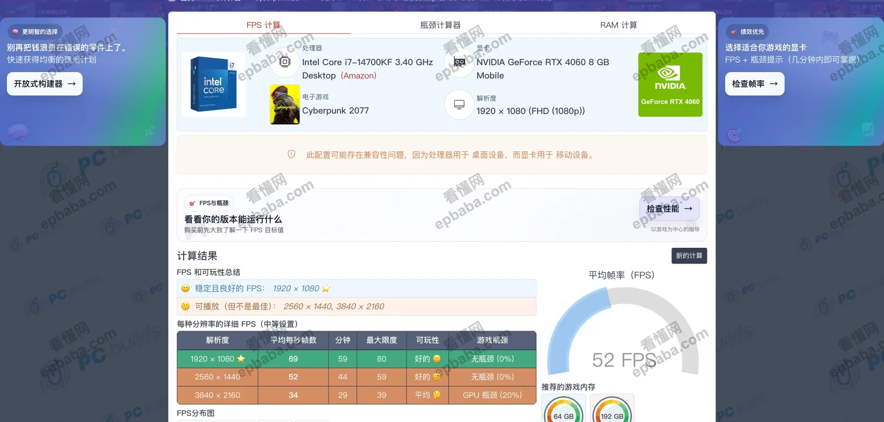 PC Builds：判断电脑配置是否能流畅运行3A游戏的网站，完全免费！